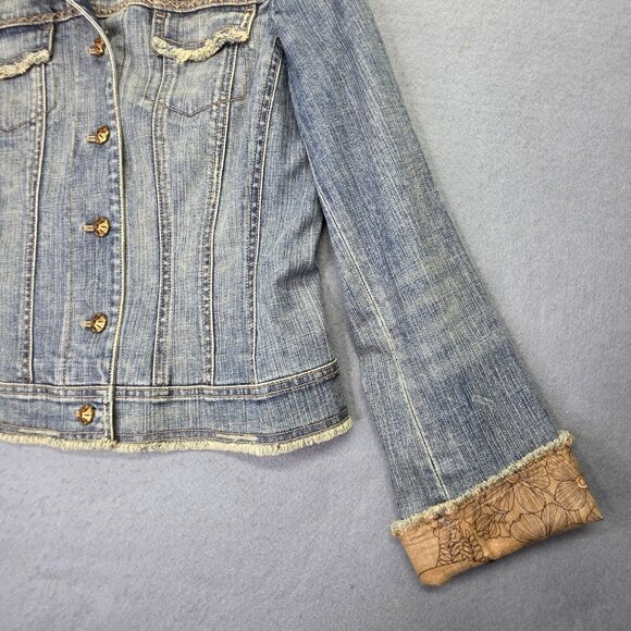 Elie Tahari Denim Jean Jacket Women Small Blue Distressed Embellished Lined Boho - Picture 4 of 13